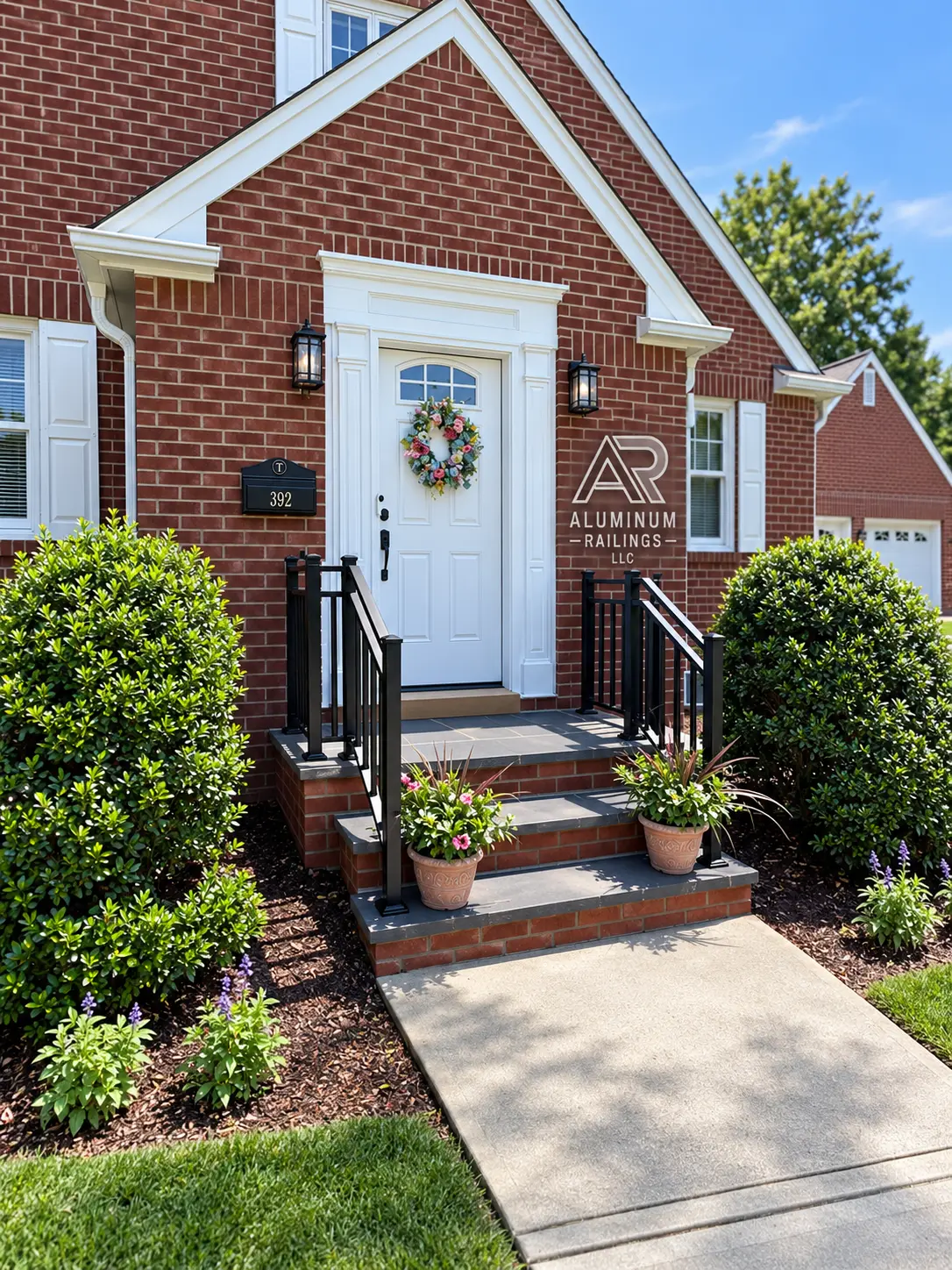 Aluminum porch and step railings at a brick home