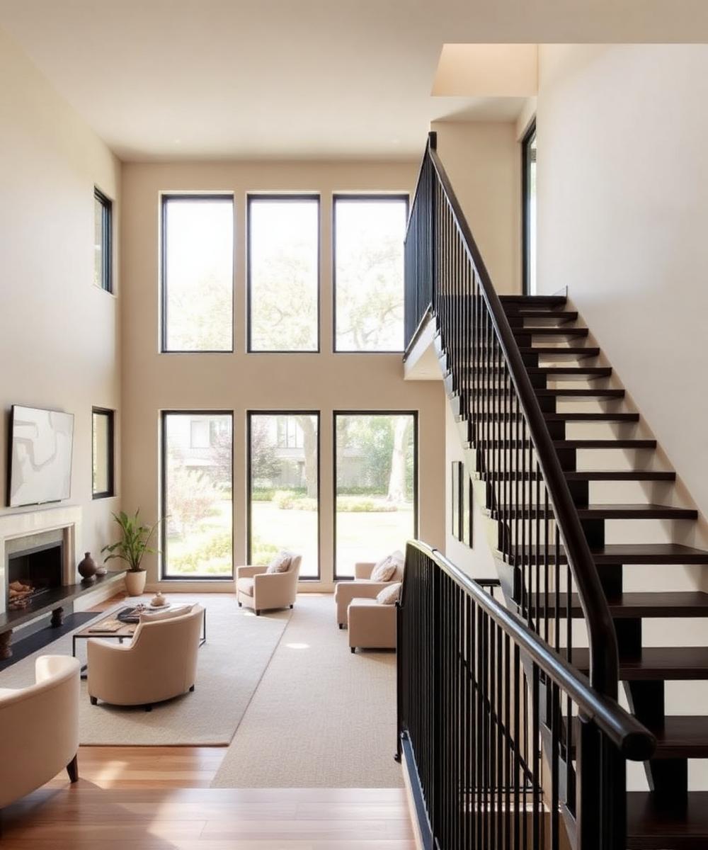 Open living space with a modern black stair railing in a New Jersey home