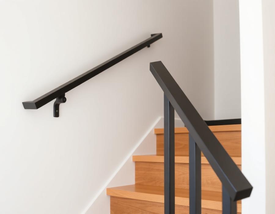 Detail of a matte black aluminum handrail against a white stairwell wall