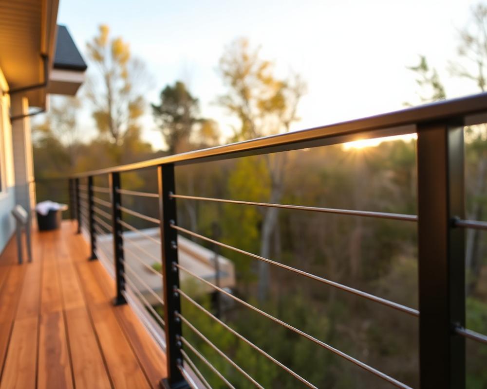 Exterior black aluminum deck railing overlooking trees