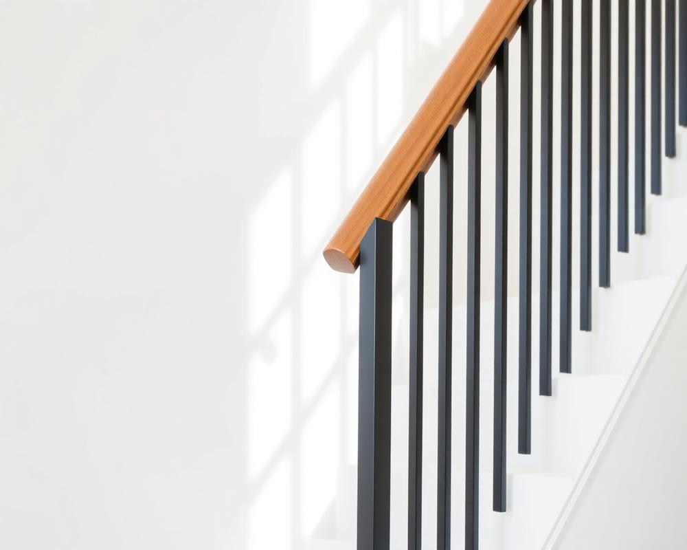Interior stair railing with black aluminum balusters and a wood handrail