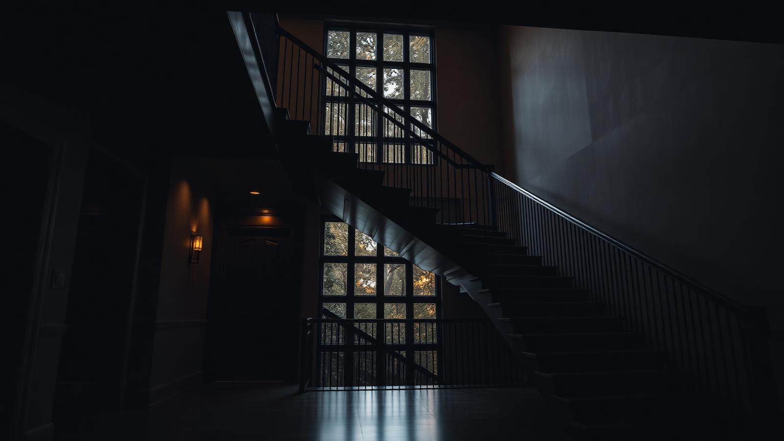 Modern foyer staircase with a black aluminum railing in a New Jersey residence