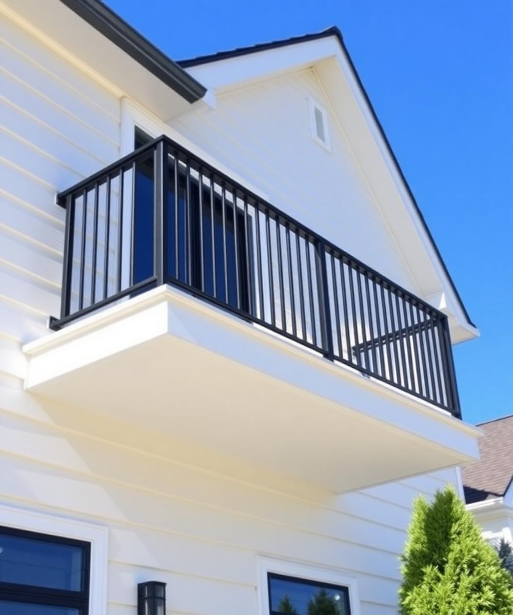 Second floor balcony railing in black aluminum on a modern New Jersey house