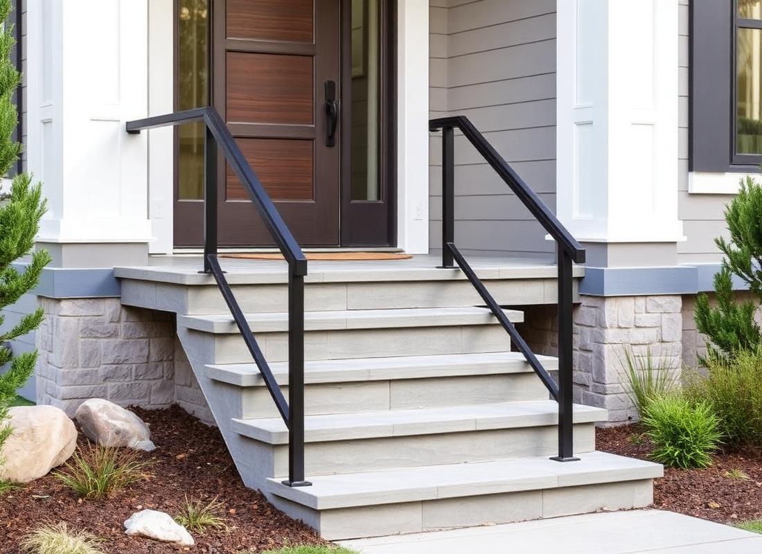 Modern entry steps with a minimal black aluminum handrail