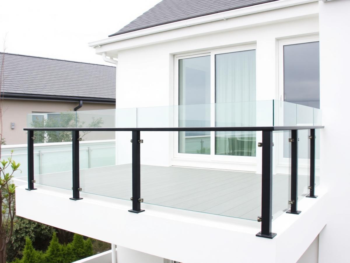 Glass railing system with black aluminum posts on a terrace